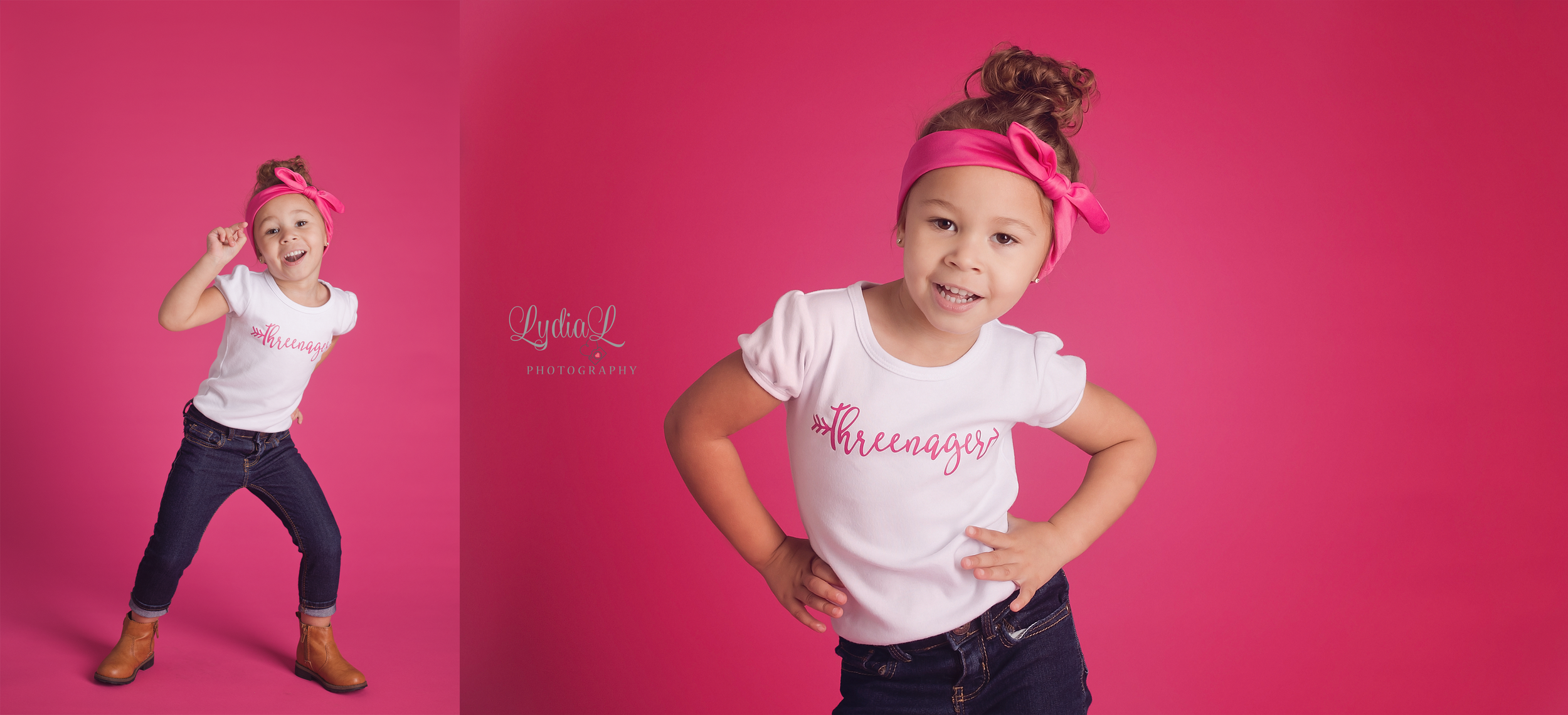 Little girl 3rd birthday photos on pink background nashville tennessee
