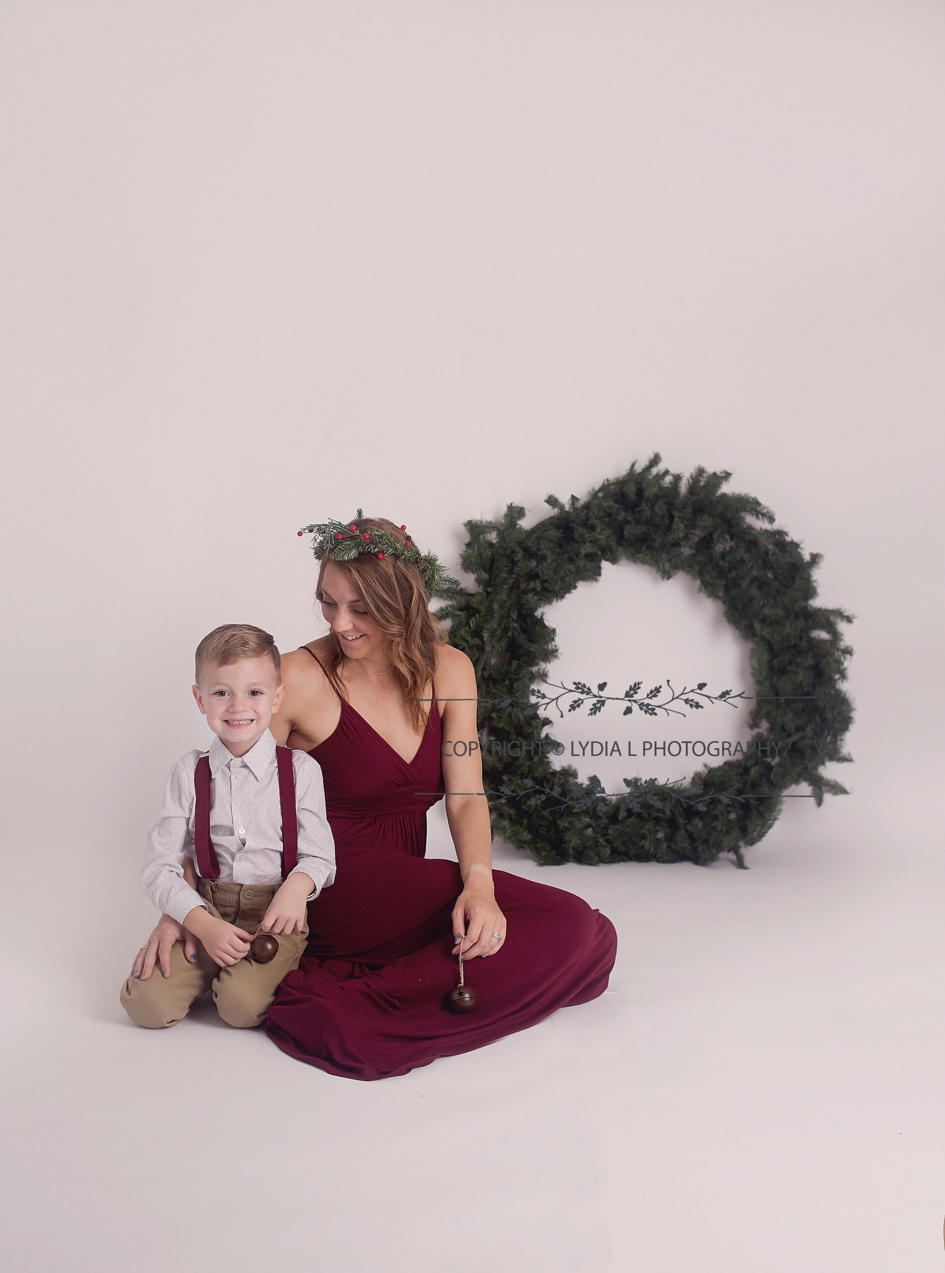 Mother and son, christmas wreath. Franklin Tennessee