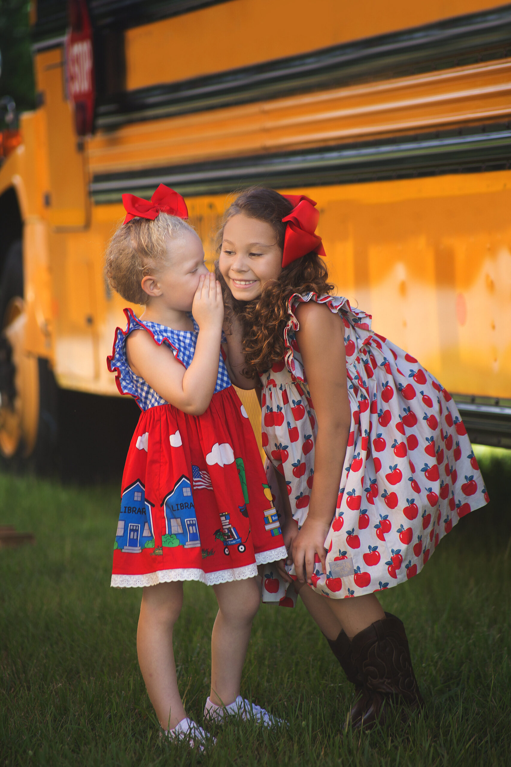 sisters laughing, school buss, Franklin Tennessee