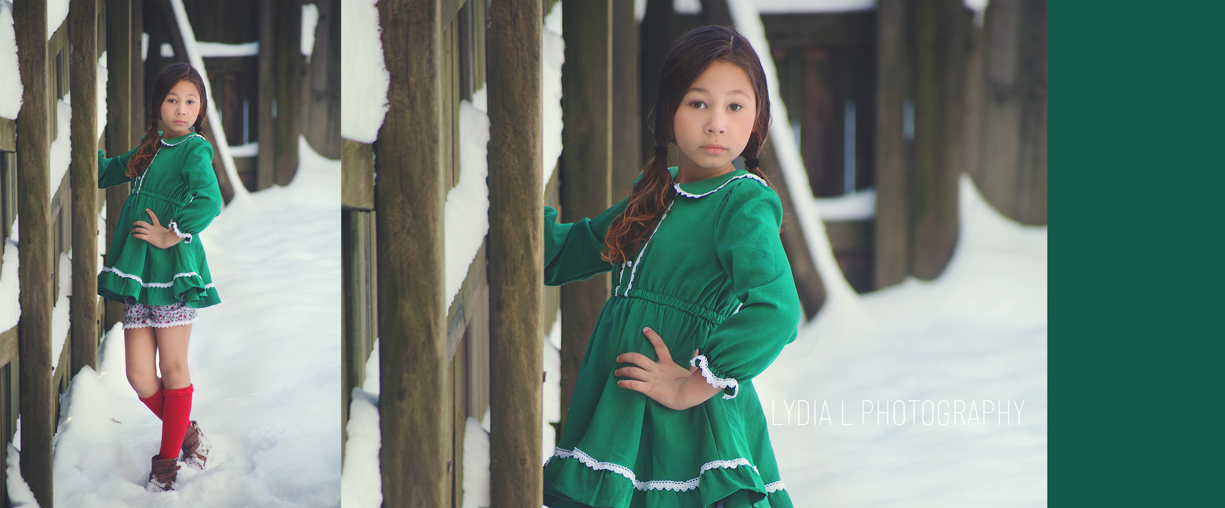 girl standing in snow, green dress, Mount Juliet Tennessee