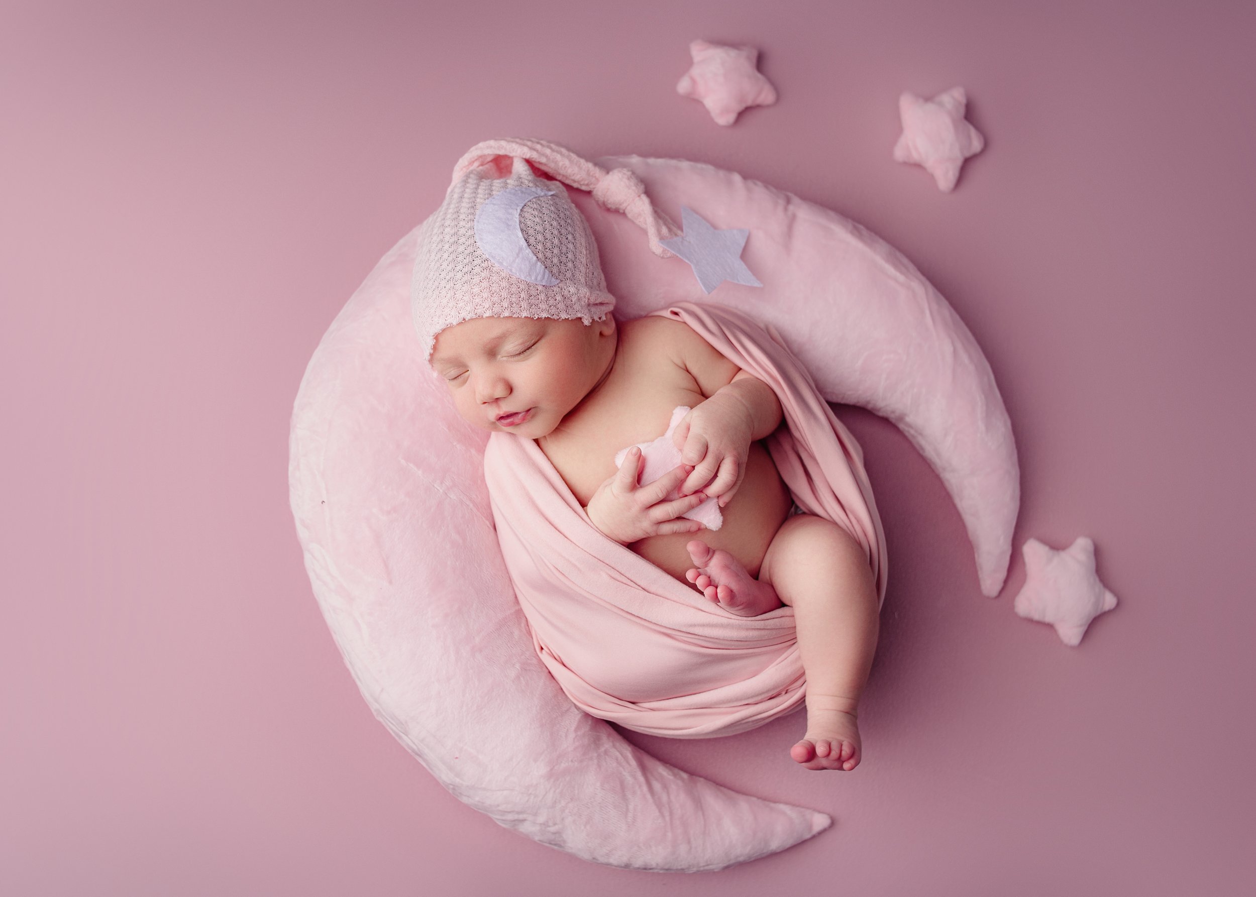 Newborn baby girl, sleeping, moon pillow, stars, pink hat, Franklin Tennessee