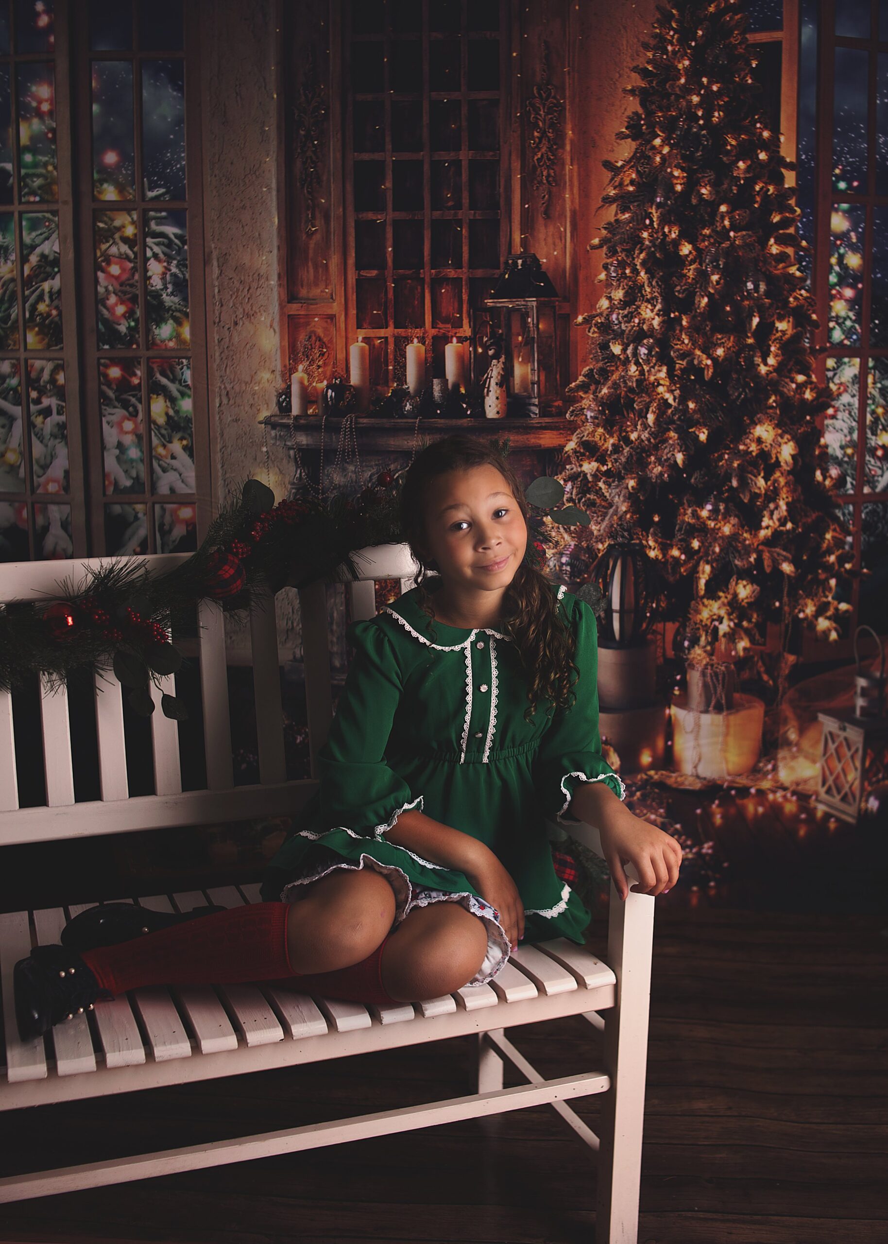 girl sitting on bench, green dress, christmas tree, Franklin Tennessee
