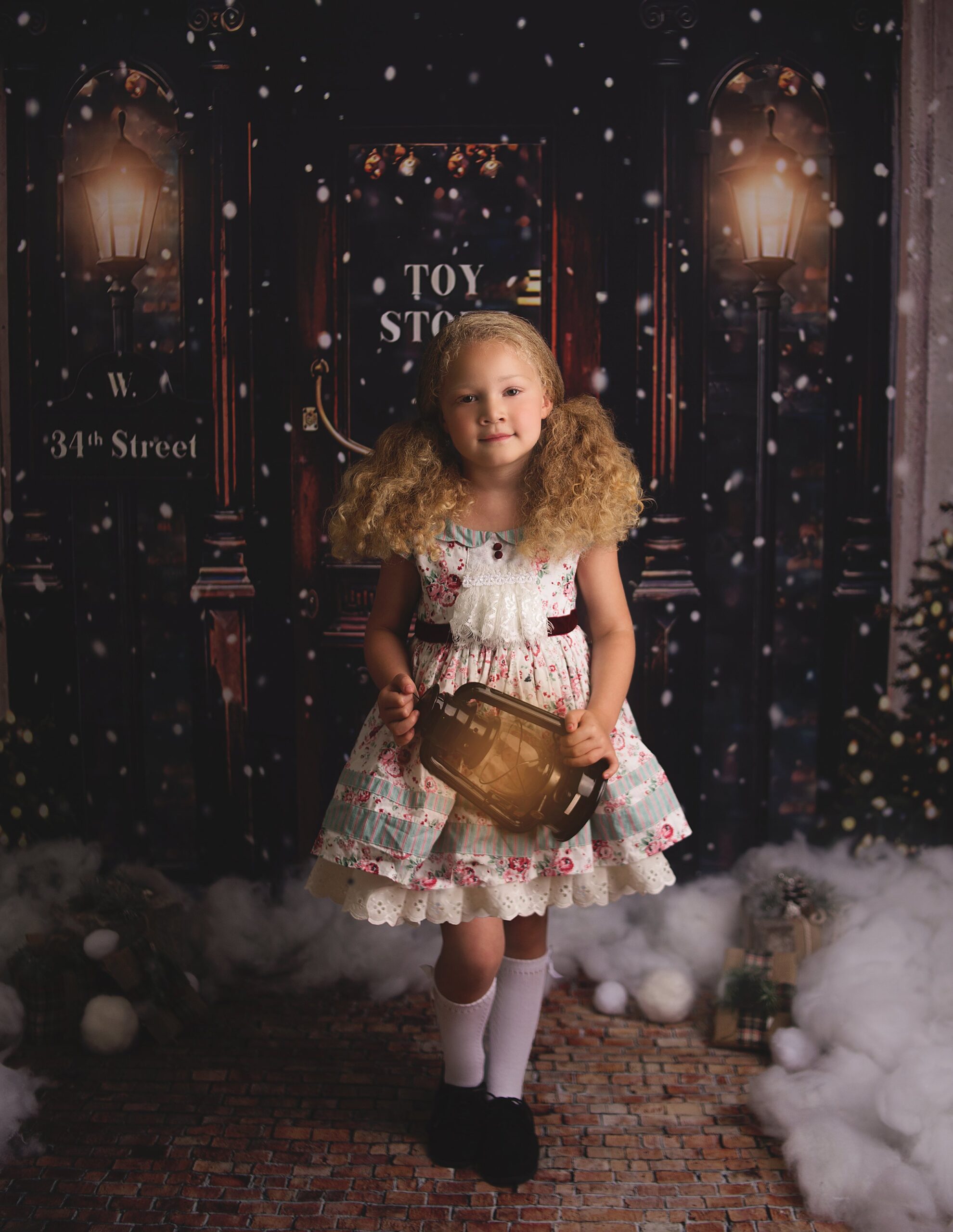 Little girl holding lantern, toy stor, christmas photos, Franklin Tennessee Photographer