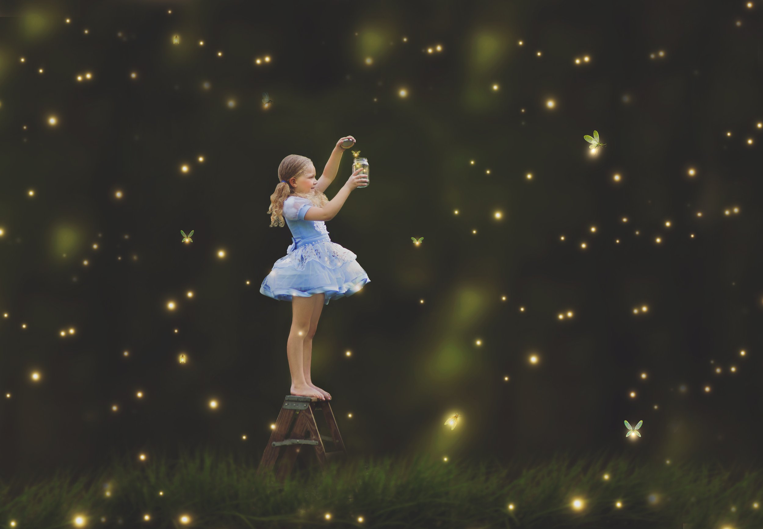 baby girl, standing, ladder, fireflies, Brentwood Tennessee