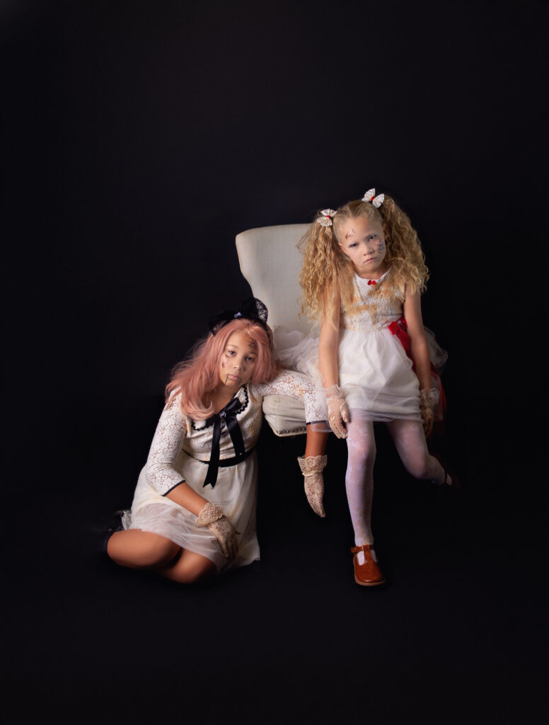 2 girls dressed as dolls during Halloween mini session photoshoot in Mount Juliet, TN